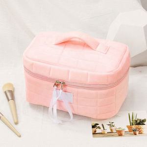 Bolsa de algodón de poliéster a cuadros reciclada personalizada de Color sólido de viaje de alta calidad, estuche cosmético de maquillaje con cremallera - Product Image 5