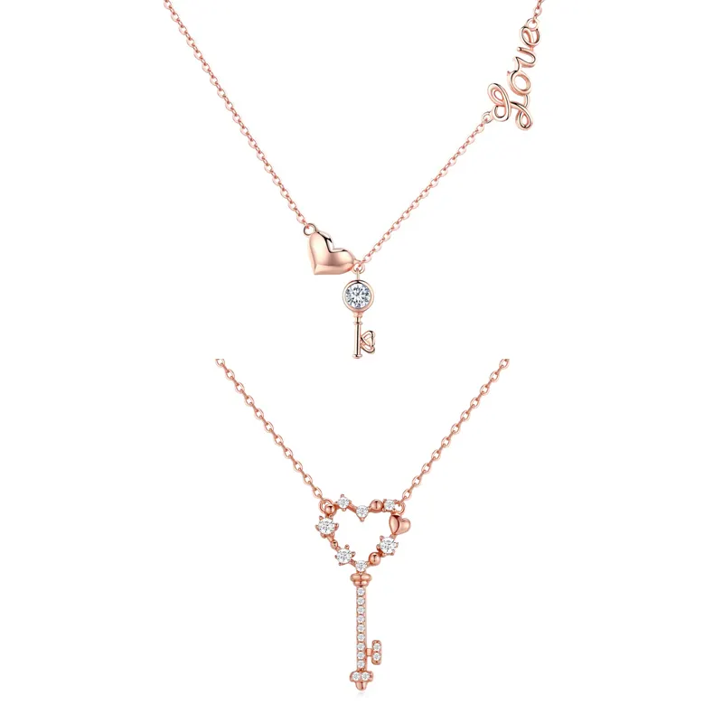 Qing — collier clé de cœur en Zircon brillant, chaîne plaqué argent 925, bijou gravé en or Rose, ensemble de colliers d'amour