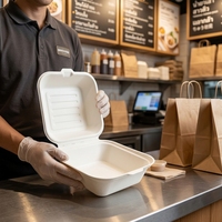 Boîte à hamburger biodégradable de qualité supérieure pour restaurant, en bagasse de canne à sucre, conforme à la norme EN13432, imperméable, 8x8 pouces