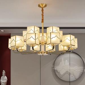 Lustre moderne minimaliste de style chinois tout en cuivre, taille moyenne, LED, luxe, salon, salle à manger, luminaire en verre - Product Image 1