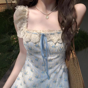 Vestido Largo Estilo Forestal con Encaje Floral, Hombros Descubiertos, Corte en A, Cuello Cuadrado, Cintura Natural, para Uso Diario Informal - Product Image 1