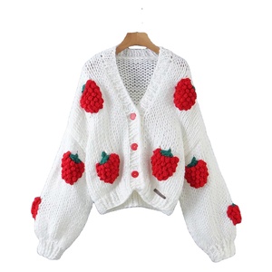Chunky Handmade Oversize Knitted Sweater 3D Hand Knit <strong>Strawberry</strong> Cropped Cardigan for Plus Size Women Winter Short <strong>Top</strong> - Product Image 1