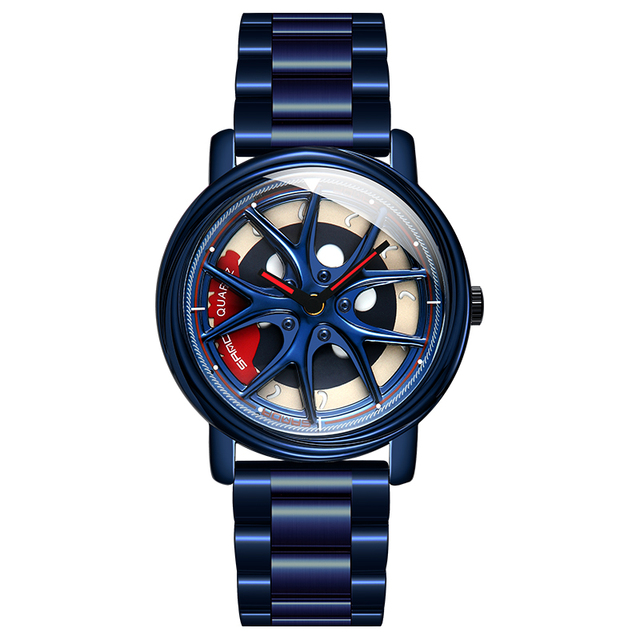 360-Degree Rotating Stainless Steel Car Wheel Dial Watch for Men Top Stainless Steel Strap Quartz Wristwatch Fashionable