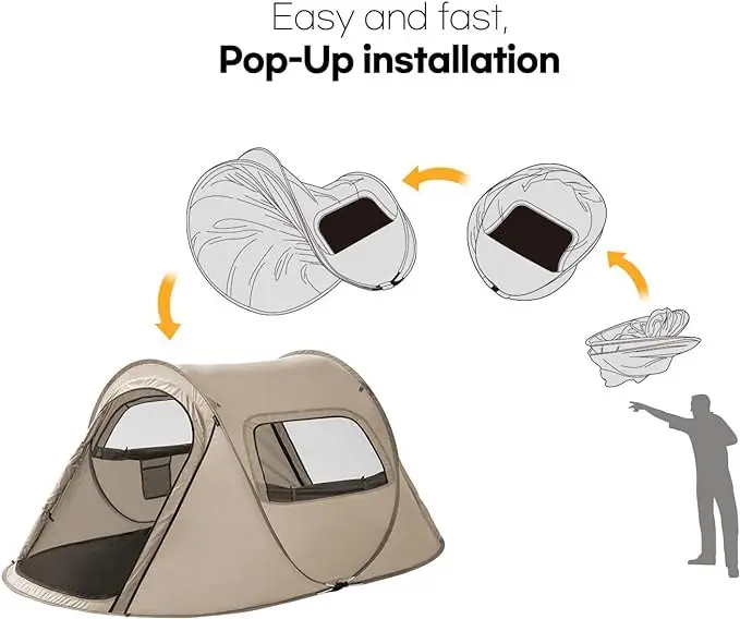 Tente pop-up familiale instantanée imperméable à l'eau pour 2-3 personnes avec deux portes et fenêtre en maille pour le camping et la randonnée