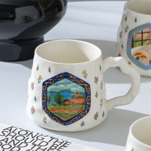 Tasse à eau en céramique peinte à la main de style nordique vintage, mugs uniques, mugs esthétiques, tasse à café avec couvercle - Product Image 2