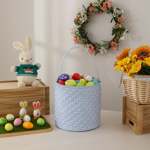 Wholesale Monogrammed Ruffle Quilted Kids Bunny Bucket Gingham <strong>Egg</strong> <strong>Hunt</strong> Bucket Cotton Pink Bow <strong>Easter</strong> <strong>Basket</strong> - Product Image 2