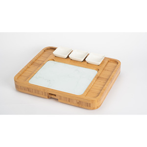 Juego de tabla de quesos de bambú de 16x13x2 pulgadas con cuchillo, tenedor y bandejas para exhibir y cortar queso - Product Image 5