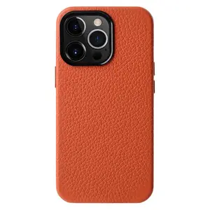 Genuine Cow Leather Microfiber Leather PC Phone case 6.7 inch Shockproof Cover For iPhone 15 14 13 Pro Max Metal Lens Frame
