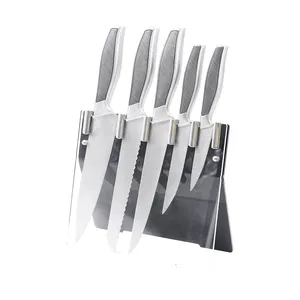 Best Selling 5 pcs Stainless Steel High Quality Kitchen Knife Block Set with Non-slip Handle with Acrylic Knife Holder