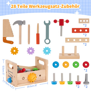 Ensemble de 28 outils en bois pour enfants, boîte à outils Montessori, jeu de construction DIY, kit d'outils de jeu d'imitation, jouet éducatif en bois - Product Image 4