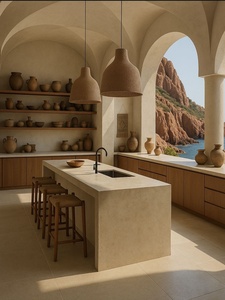 Modern Farmhouse Kitchen Minmimalist Arched Niche Customized Kitchens Cabinets in Beige Tones and Natual Wood Color - Product Image 6
