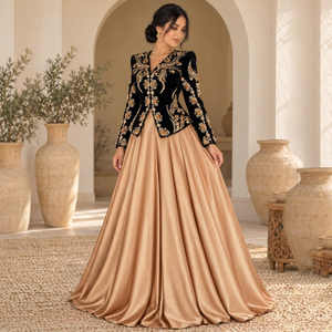 Vestido Karakou Argelino Elegante de Terciopelo Negro Mishkat Couture con Bordado Dorado y Detalles de Perlas, Falda Fluida en Color Cobre Dorado para Fiesta - Product Image 1