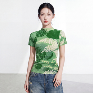Women's Short Sleeve Loose Casual Fit Knitted Chiffon Pleated T-shirt Turtleneck Floral Print Eco-Friendly Vintage Breathable - Product Image 4