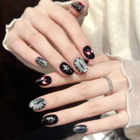 Faux Ongles Noirs Ovales à Presser, Motif Gothique Toile d'Araignée, Œil de Super-Héros, Étoile Chromée, Chaîne de Pierres Précieuses, Faits Main, Lot de 10 Faux Ongles