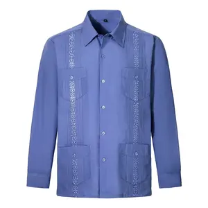 Camicie Guayabera da uomo con quattro tasche ricamate a maniche lunghe - Product Image 3
