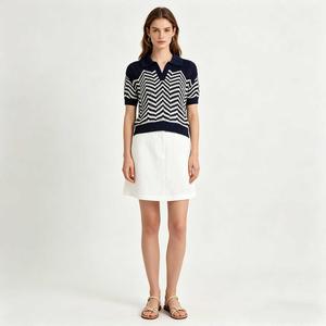 <strong>Women</strong> <strong>Navy</strong> White Pattern Type: Striped Knit <strong>Top</strong> Short Sleeve Collar: V-neck Hollow Out Casual Sweater - Product Image 6