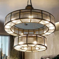 Lustre moderne personnalisé à 2 niveaux avec anneaux en cristal, cadre en métal brun, suspension LED pour villa, hôtel, salon, bar