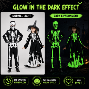 Costume de squelette phosphorescent pour enfants et adultes, tenue de cosplay en polyester pour Halloween, robe de sorcière, vente en gros OEM - Product Image 3