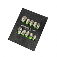 Lot de 10 faux ongles à presser, peints à la main, motif fleur 3D, vert métallisé, style French Duck, couvrance totale, réutilisables pour l'été