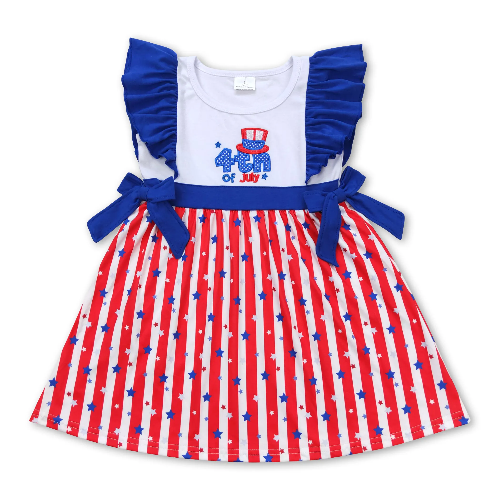 ストライプの女の子半袖ドレス卸売7月4日プリント子供服カスタマイズ子供服