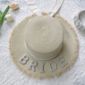 <strong>Personalised</strong> Beach Women Summer Foldable Sun <strong>Straw</strong> Beaded <strong>Hat</strong> Bride/Mrs <strong>Straw</strong> <strong>Hats</strong> Bridesmaid <strong>Hat</strong> for Bride Party - Product Image 1