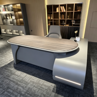 Escritorio Ejecutivo en Forma de L, Escritorio Moderno de Lujo para Jefe con Gabinete Lateral, Luz LED, Acabado en Nogal
