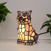 Lampe de table moderne en forme de chat, abat-jour en verre teinté bleu et blanc, avec base E26, alimentée par batterie