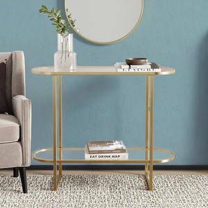 Elegante Mesa Consola Moderna con Cubierta de Vidrio Templado, 2 Estantes, Mesa de Entrada con Patas de <span class=keywords><strong>Metal</strong></span> Dorado - Product Image 1