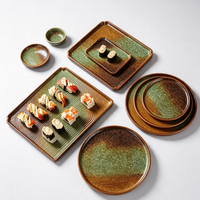 ESTICK Plat carré plat en porcelaine vintage de luxe léger pour sashimi, compatible micro-ondes, glaçure multicolore, 7-13 pouces, style japonais rétro