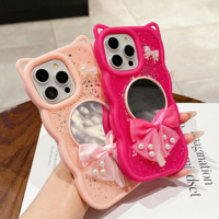 TPU mignon chat oreille vague bord Anti-chute dessin animé accessoires de protection avec miroir coque de téléphone pour Iphone 17 AIR Samsung S25 FE
