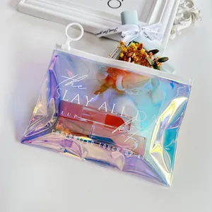 Custom Logo Packaging Rainbow Holographic Bags Iridescent Pvc Laser Bag Clear Zipper Cosmetic Frosted Plastic Zip Top Bag