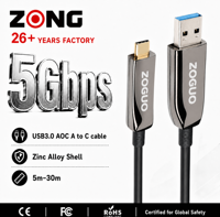 Cable Óptico Activo USB 3.0 AOC de 30m, Cable de Extensión USB A a C de 5Gbps para Cámara, Extensor KVM