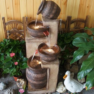 Fontaine d'eau en résine de style européen pour décoration de jardin extérieur avec bols étagés lumineux et fonction de fontaine à eau - Product Image 1