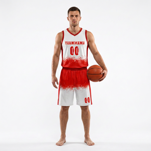 Conjunto de Uniforme de Baloncesto Personalizado Sublimado en Blanco y Rojo, Transpirable, de Malla, Unisex, Cuello en V, Secado Rápido, Diseño Degradado - Product Image 1