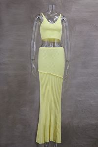 Women's New Arrival V-Neck Spaghetti Strap <b>Top</b> & Pleated Long <b>Patchwork</b> Skirt Knit Casual 2-Piece Set Fashion - Product Image 6