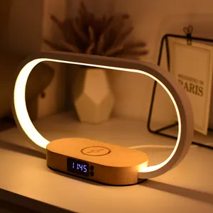 Vente d'usine Veilleuse à gradation continue Lampe de chevet en bois avec chargeur et horloge sans fil