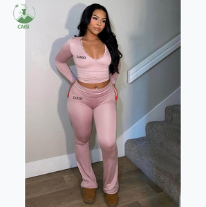 2024 Loungewear Damen-Trainingsanzüge Sets, Einfarbiges V-Ausschnitt Spitzen-Crop-Top mit Hoher Taille und Schlaghose, 2-Teiliges Damen-Bekleidungsset - Product Image 1