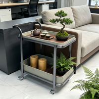 Chariot à thé et table basse mobile en cuir et acier inoxydable moderne pour salon