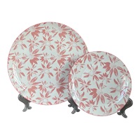 Vente en gros 24pcs ensembles de vaisselle en céramique à motifs floraux roses assiettes en porcelaine imprimées de luxe vaisselle de mariage personnalisée et durable