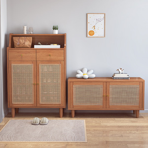 Nordic Solid Wood <b>Shoe</b> Cabinet With Rattan Doors For Entryway And Living Room <b>Storage</b> - Product Image 3
