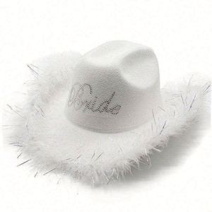 Chapeaux de cowboy en feutre polycoton en gros, en stock, blancs, pour mariage, avec bordure en plumes brillantes, chapeaux Fedora de cowboy - Product Image 2