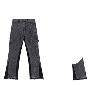 Vaqueros acampanados de hombre, 100% algodón, teñidos a mano, con microrasgaduras, resistentes a la decoloración, corte ajustado y largo, estilo americano High Street, con efecto desgastado. - Product Image 1