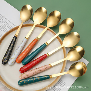 Cuchara de acero inoxidable con mango de mármol, duradera, para postre, sopa, arroz, uso doméstico, juego de regalo - Product Image 1