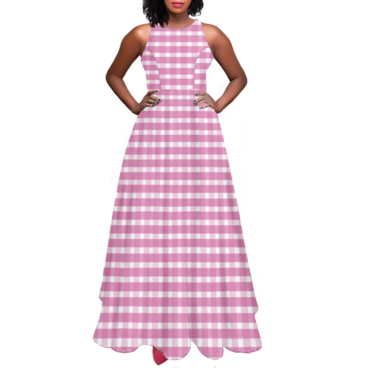 Sublimación elegante falda sin mangas rosa a cuadros salida de fábrica gran oferta Maxi vestido personalizado encantador impreso Maxi vestido de mujer 2023