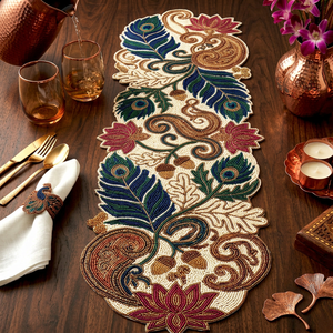 Chemin de table ovale brodé de perles fait main, motif floral bohème, en tissu, pour la décoration intérieure - Product Image 1