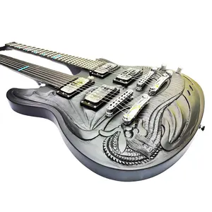 Guitarra de doble cuello personalizada tallada a mano OEM marca 7 cuerdas color negro satinado para tiendas de guitarra eléctrica