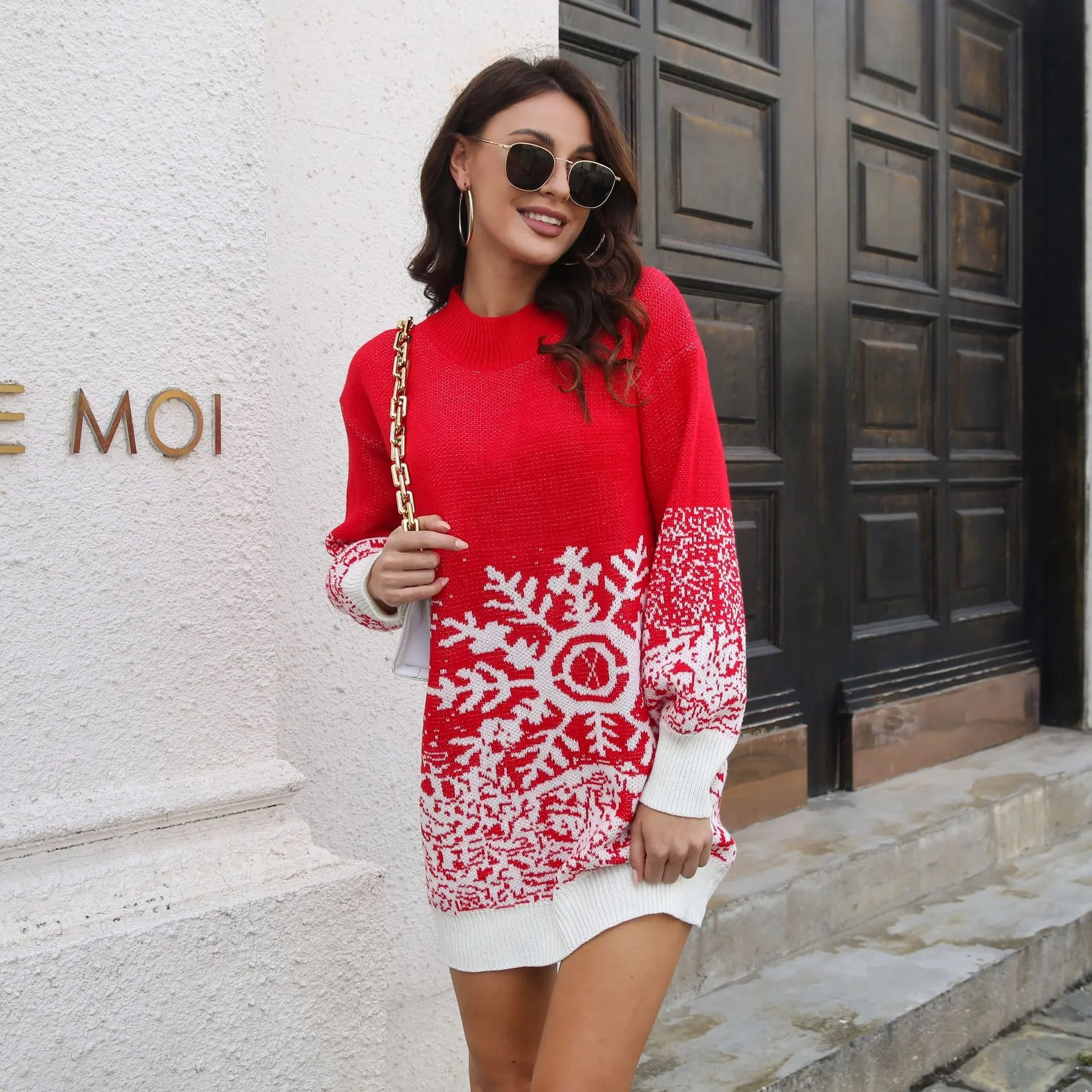 Gaun sweter lengan panjang trendi, gaun Sweater panjang Formal musim dingin elegan warna merah untuk wanita