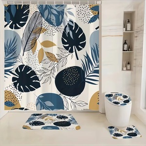 Rideau de douche en polyester à motif de feuilles tropicales bleues, rideau de salle de bain, impression numérique, impression personnalisée, imperméable, vente en gros, moderne - Product Image 1