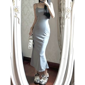 Gray Spaghetti Strap Bodycon Dress Tight Waist Long Solid Color Casual Party Dress For Women - Product Image 1