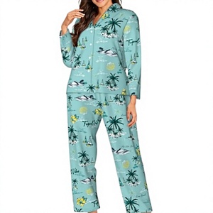 Ensemble de pyjama pour femmes à imprimé floral, manches longues, longueur intégrale, coton respirant, tricoté, vêtements de nuit, col en V, taille élastique, décontracté, 180g - Product Image 1
